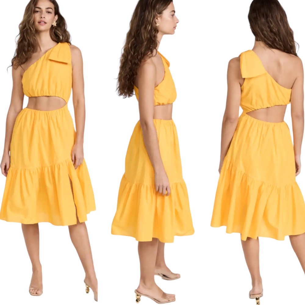 Black Halo Atlas Yellow Banana One Shoulder Bow Cut Out Midi Dress Vacation XS - Picture 9 of 11